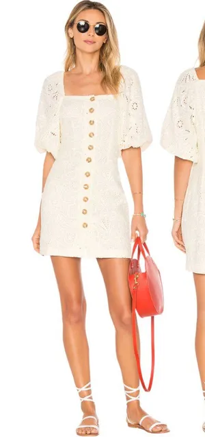 Free People Daniella Eyelet Mini Dress Women's 2 Ivory Puff Sleeve Boho Cotton thumbnail 1