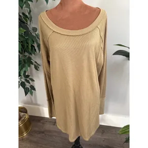Free‎ People Tan Waffle Knit Long Sleeve Thermal Shirt Top Women's Large thumbnail 2