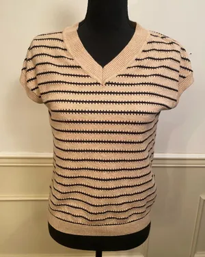 Striped V-Neck Short-Sleeve Knit Top Cream & Black Mesh by Wiholl thumbnail 1