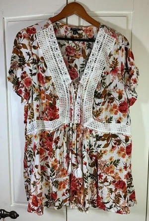 Torrid Cottagecore Babydoll Crochet Trim Top Women 2X Floral Lace Up Tassel Boho thumbnail 1
