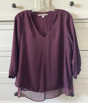 LC Lauren Conrad Women’s Burgundy V-Neck Layered Chiffon Business Casual Blouse thumbnail 1