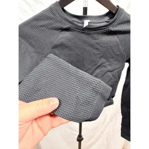 Offline by Aerie Seamless Waffle Long Sleeve Crop Active Top in Black XS thumbnail 3