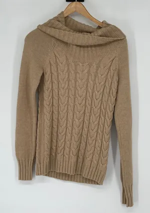 Banana Republic Women's XS Tan Cable Knit‎ Cowl Neck Wool Cashmere Sweater Cozy thumbnail 1