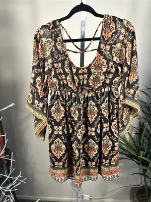 Socialite X331. Boho Paisley Peasant Mini Dress - Black with Peach Accents thumbnail 5