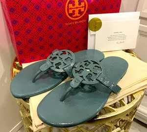 Tory Burch Soft Patent Leather Miller Sandals, Arctic Blue, Sz. 8.5 LIKE-NEW! thumbnail 1