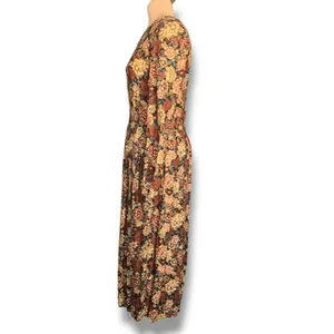 Vintage Brown Floral Midi Dress Long Sleeve Rayon Boho 90s‎ Grunge Size 10 Boho thumbnail 4
