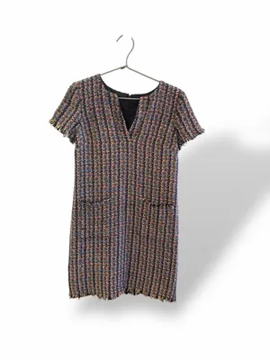 Ann Taylor Multi-Color‎ Tweed V-Neck Shift Dress with Fringe Trim thumbnail 2