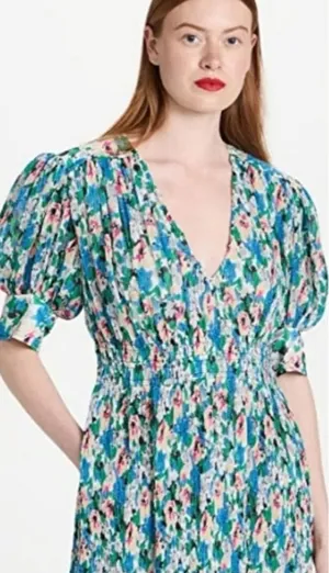 NWT Ganni Floral Pleated Georgette Blue V-Neck Puff Sleeve Midi Dress 40, Large thumbnail 1