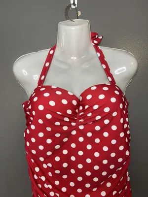 Red Polka Dot Swimsuit Womens XL Halter Ruched One Piece Padded Swimwear thumbnail 1