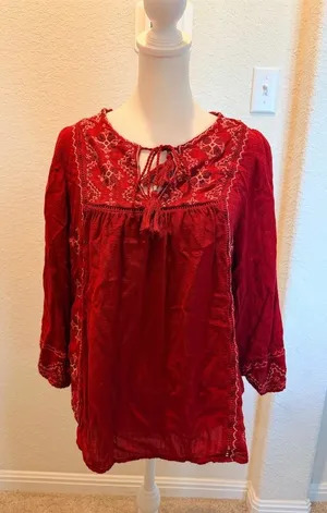 Knox Rose Blouse Womens L Burgundy Boho Embroidered Tunic Split Neck 3/4 thumbnail 1