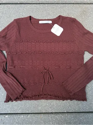 NWT Altar’d State Stevie Ruffle Trim Sweater Medium Chocolate Brown Bow Knit thumbnail 5