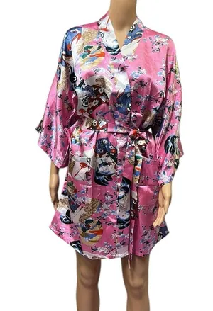 Pink Geisha Lotus Floral Satin Pocket Kimono Robe Tie Belt One Size Fits Most thumbnail 1
