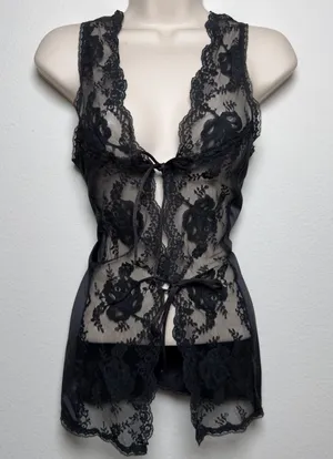American Vintage VTG 60s Jenelle of California Women Black Lace Cami Top Sheer Tie Front Floral thumbnail 1