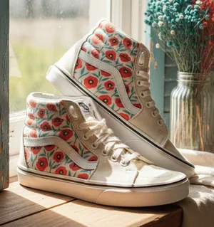 Vans Sk8-Hi Womens Sneakers Size 5 White Red Teal Floral High Top‎ Lace Up thumbnail 1