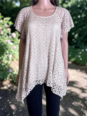 DressBarn Crochet Lace Tunic Top Large Beige Boho Swing Handkerchief Hem thumbnail 10