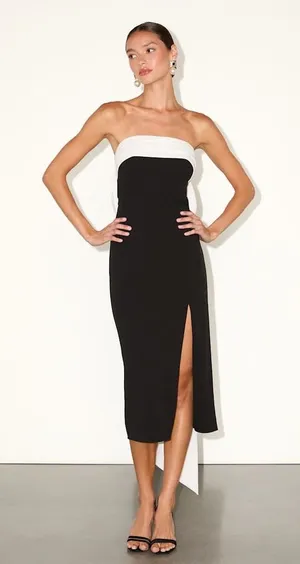 Lulus Fabulous Phenomenon Black and White Strapless Bow Midi Dress Small NWT thumbnail 1