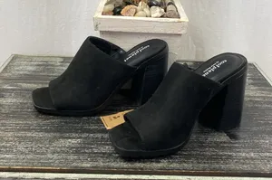 Steve Madden Cool Planet Black Leather Block Heel Open Toe Shoes 8 NEW thumbnail 1