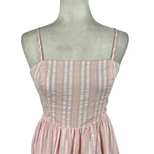 Aqua Pink Striped Maxi Sleeveless Spaghetti Straps Long Dress 100% Cotton Small thumbnail 3
