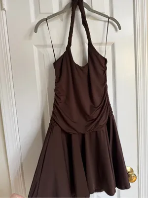 NIA Bailey Espresso Brown Ruched Halter Mini Dress M thumbnail 3
