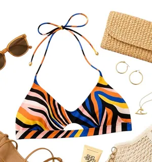 Hurley Zebra Print Bikini Top Multicolor Halter Swim Top Beach Resort Large EUC thumbnail 1