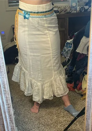 Free People Boho‎ White Cotton Blend Mermaid Maxi Skirt with Ruffle Hem thumbnail 1