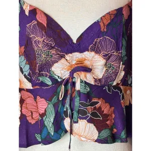 Band Of The Free Shirt Women Medium Purple Floral Puff‎ Sleeve Cropped Top NWT thumbnail 8