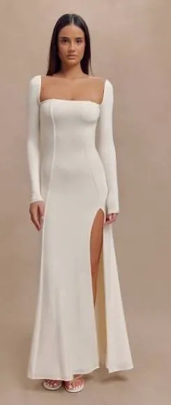 NWT Meshki Desirie Slinky Long Sleeve Maxi Slit Ivory Dress L thumbnail 1