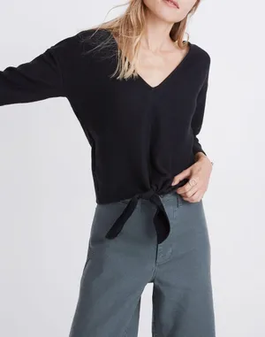 Madewell Texture & Thread Black Long-Sleeve Tie-Front Top Size Medium thumbnail 1