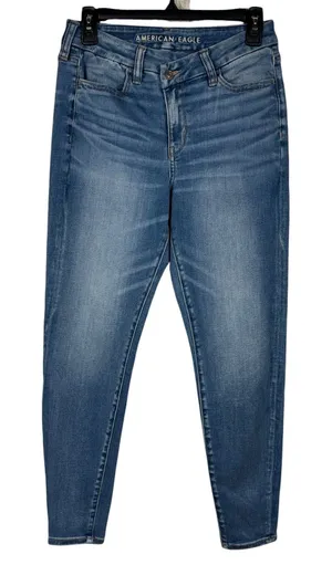 American Eagle SZ 4 Curvy Hi-Rise Jeggings Jeans Stretch Zip-Fly Pockets Whisker thumbnail 1
