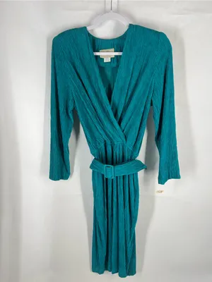 Vintage Pellini Petites Teal Crinkle Belted‎ Dress 3/4 Petite thumbnail 2
