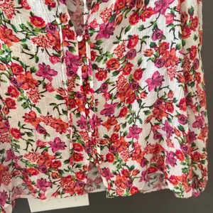 Floral Long Sleeve Tie Neck Blouse Pink Orange White Crinkle Boho Top‎ Womens XL thumbnail 3