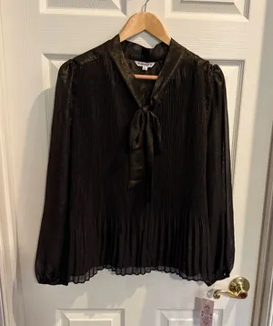 Nanette Lepore Metallic Shimmer Black Gold Pleated Bow Neck Top thumbnail 1