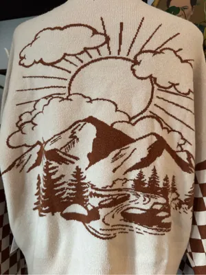 NWT Tan & Brown Checkered Mountain Scene Button Down Cardigan Sweater thumbnail 4