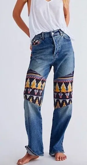 Free People We The Free Rocky Mountain Straight Leg Tapestry Jeans Blue 26 Boho‎ thumbnail 1