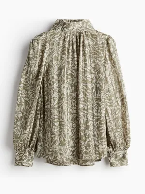 H&M Floral Pleated Mock Neck Blouse Green Cream Large Sheer Satin Office Boho thumbnail 13