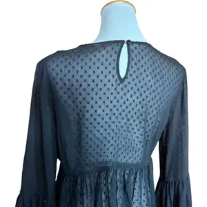 Womens Vintage Kyra Swiss Dot & Black Lace Semi Sheer Bell Sleeve Top - Sz XL thumbnail 3