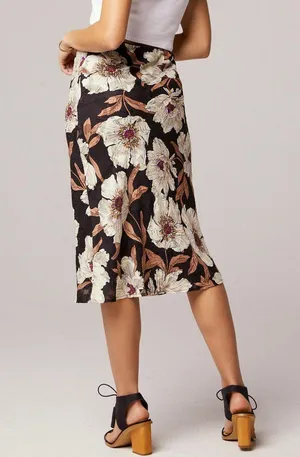 Band of Gypsies Collective Floral Print Midi Slip Skirt Rho Black Cream Size Large thumbnail 4