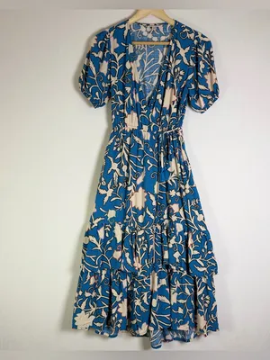 Knox Rose Women’s XS Blue Floral Boho Midi Wrap Dress Tassel Tie Tiered thumbnail 2