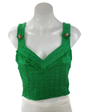 Zara Women's Green Tweed Gold Button Sleeveless V Neck Tank Crop Top Size S thumbnail 1