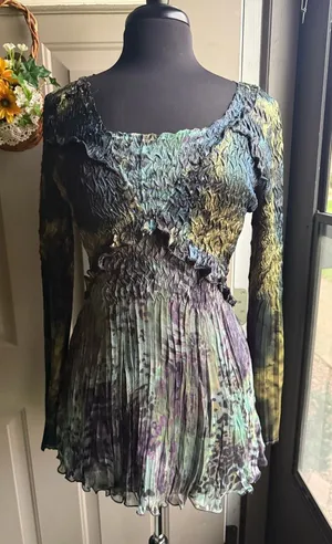 Vintage Y2K Alberto Makali satin pleated rhinestone animal print top, size large thumbnail 1