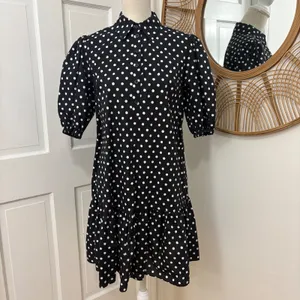 Kate Spade Harmony Dot Lake Dress M Black‎ Cotton Puff Sleeve Mini Retro Chic thumbnail 2