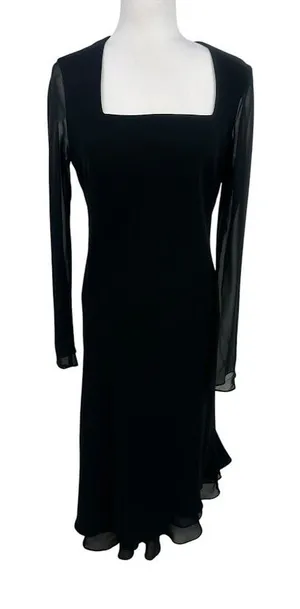Evan Picone Black Midi Dress 12 Sheer Sleeve Asymmetrical Hem Y2K Cocktail LBD thumbnail 1