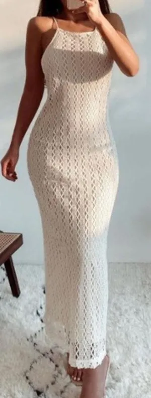 ZARA NWT BLOGGERS FAVORITE super BOHO ECRU BEIGE CROCHETED HALTER Maxi DRESS L thumbnail 2