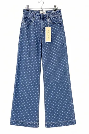 Risen Jeans 5/27 Wide Leg Blue Denim White Bow Embroidery NWT thumbnail 1