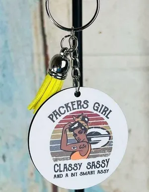 NFL Inspired Packers Girl Round Keychain With Tassel New thumbnail 1