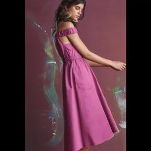 Anthropologie Maeve Pink Purple Fuchsia Mona Off Shoulder Midi Dress thumbnail 16