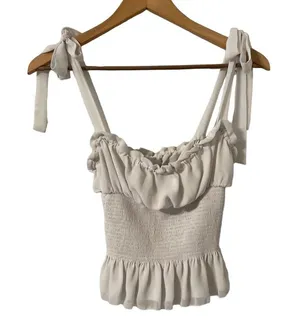 Aritzia Wilfred White Ruffle Smocked Top Blouse thumbnail 5