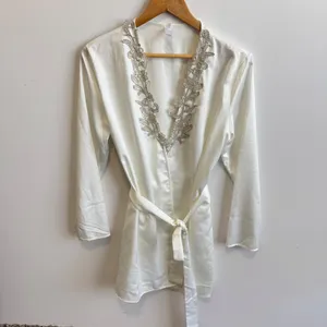 Flora Nikrooz Robe S/M White Silver‎ Lace Trim Belted Polyester thumbnail 2