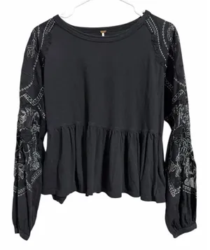 Free People‎ Penny Embroidered Peplum Top Black Women's Size XS thumbnail 1