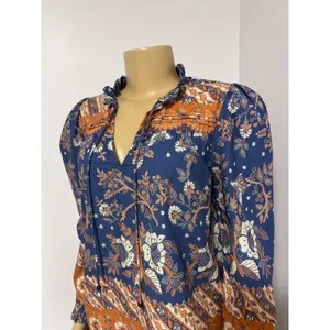 Love The Label Blue Orange Floral Batik Print Ruffle Neck Cotton BOHO Blouse Med thumbnail 2
